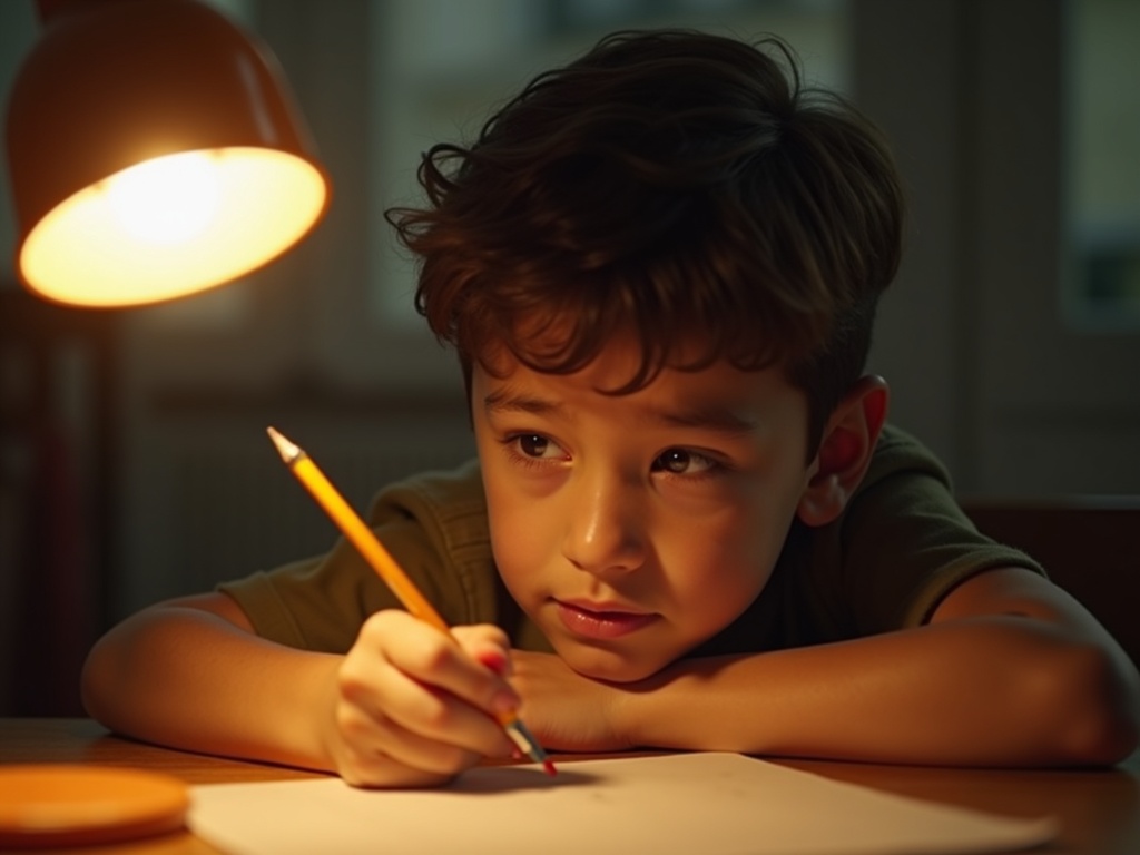 Chico pensando activamente con cuaderno